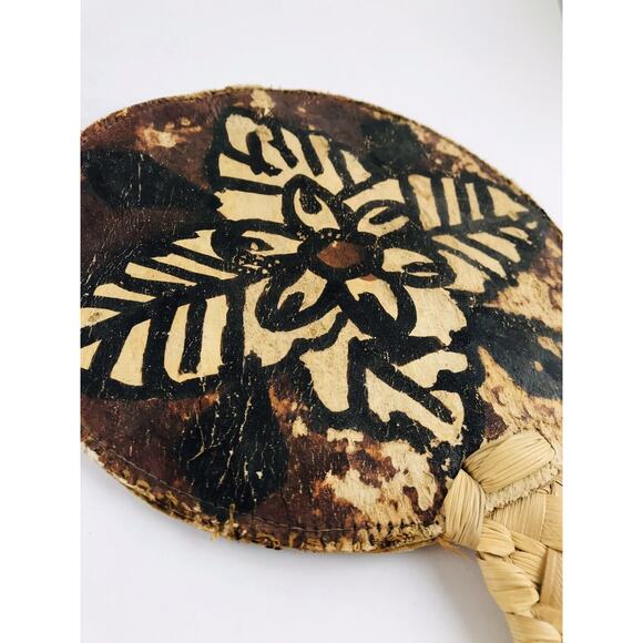 Rattan Hand Held Fan Polynesian Kapa Bark Raffia Antique Woven - Picture 5 of 10
